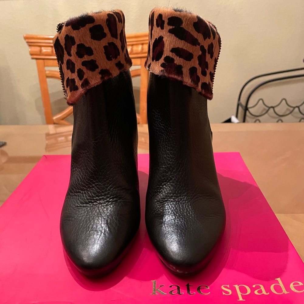 Kate Spade New York Volte Black Leather and Leopard Cuff Wedge Booties.